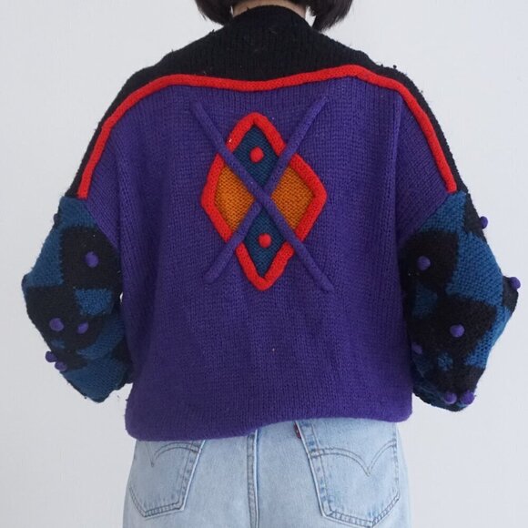 Vintage '80S Bay Club 30% Wool Black Knit w Multicolor Pom Pom Crew Sweater L - Picture 3 of 12